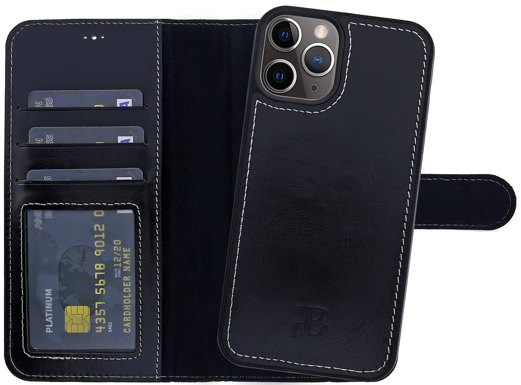 Burkley 2-in-1 Leather Mobile Phone Case for iPhone 13 Pro, Mobile Phone Case with Removable Back Cover, 360° Protection, RFID Blocker black