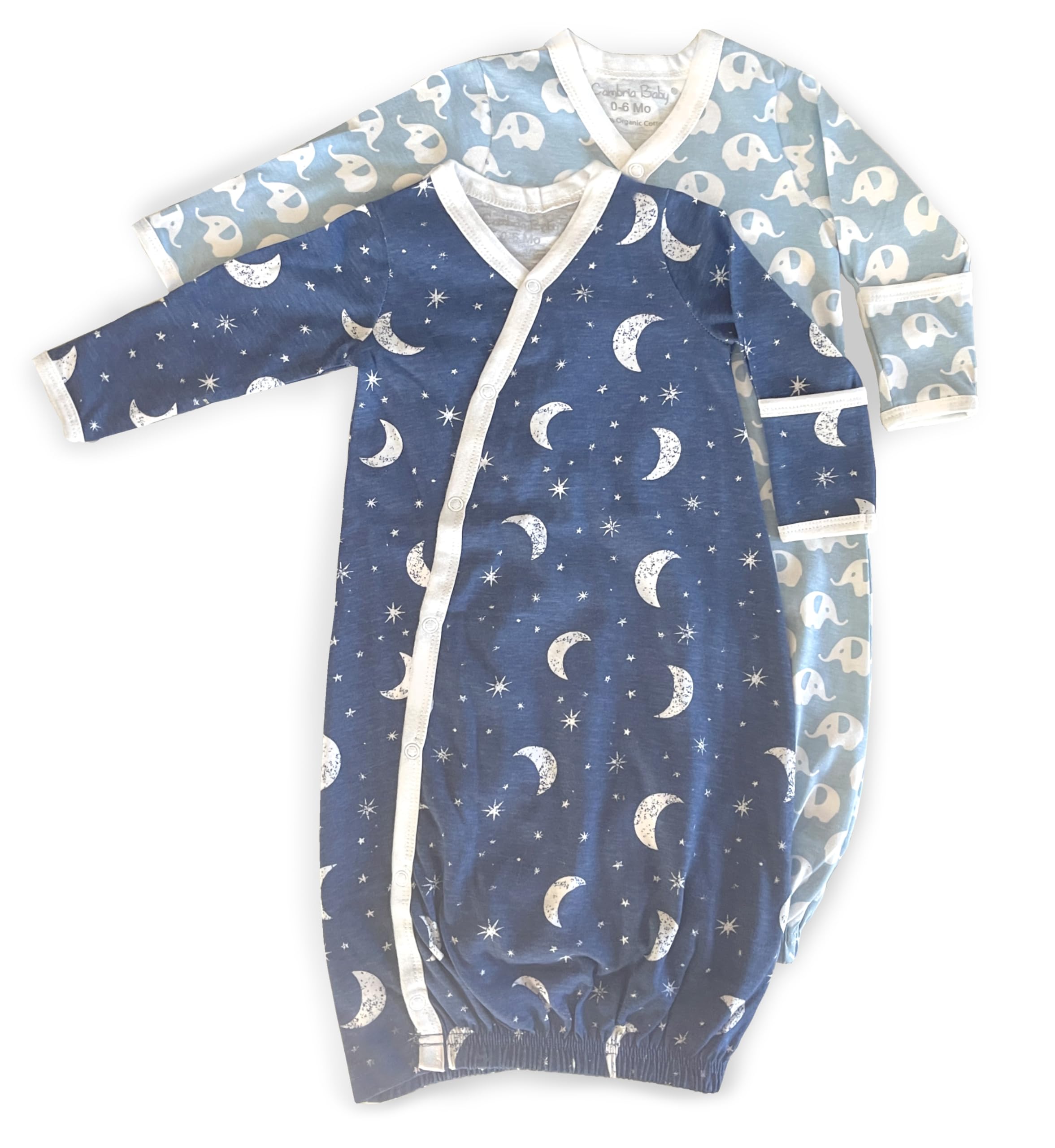 Photo 1 of Cambria Baby 100% Organic Kimono Gowns. Side Snaps with Built in Mitts. (Blue Moon and Elephant, 0-6 Months), Boy