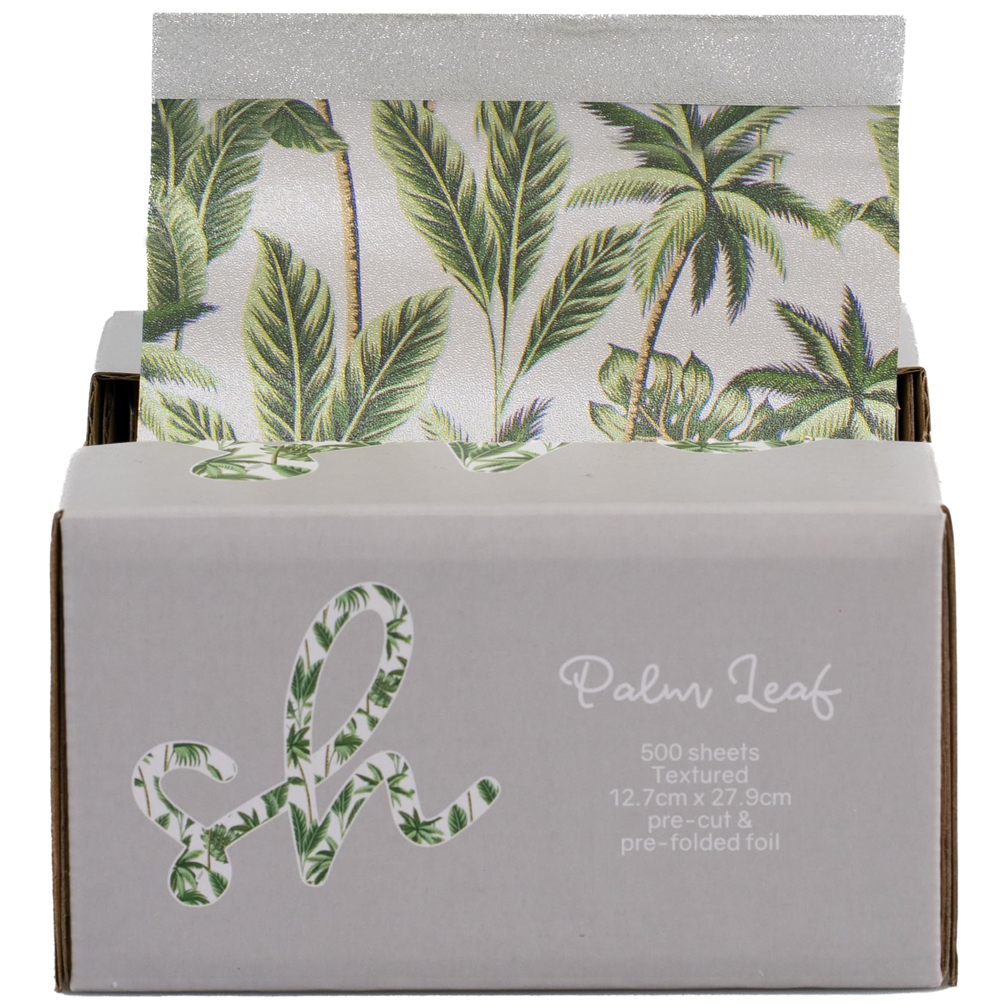 Simply Hair Pop-Up Hair Foil - 500 Pre-Cut & Folded Sheets for Hair Dye, Highlights & Balayage - Embossed, No-Slip Grip - Pop-Up Dispenser - 12.7x27.9cm - Palm Leaf