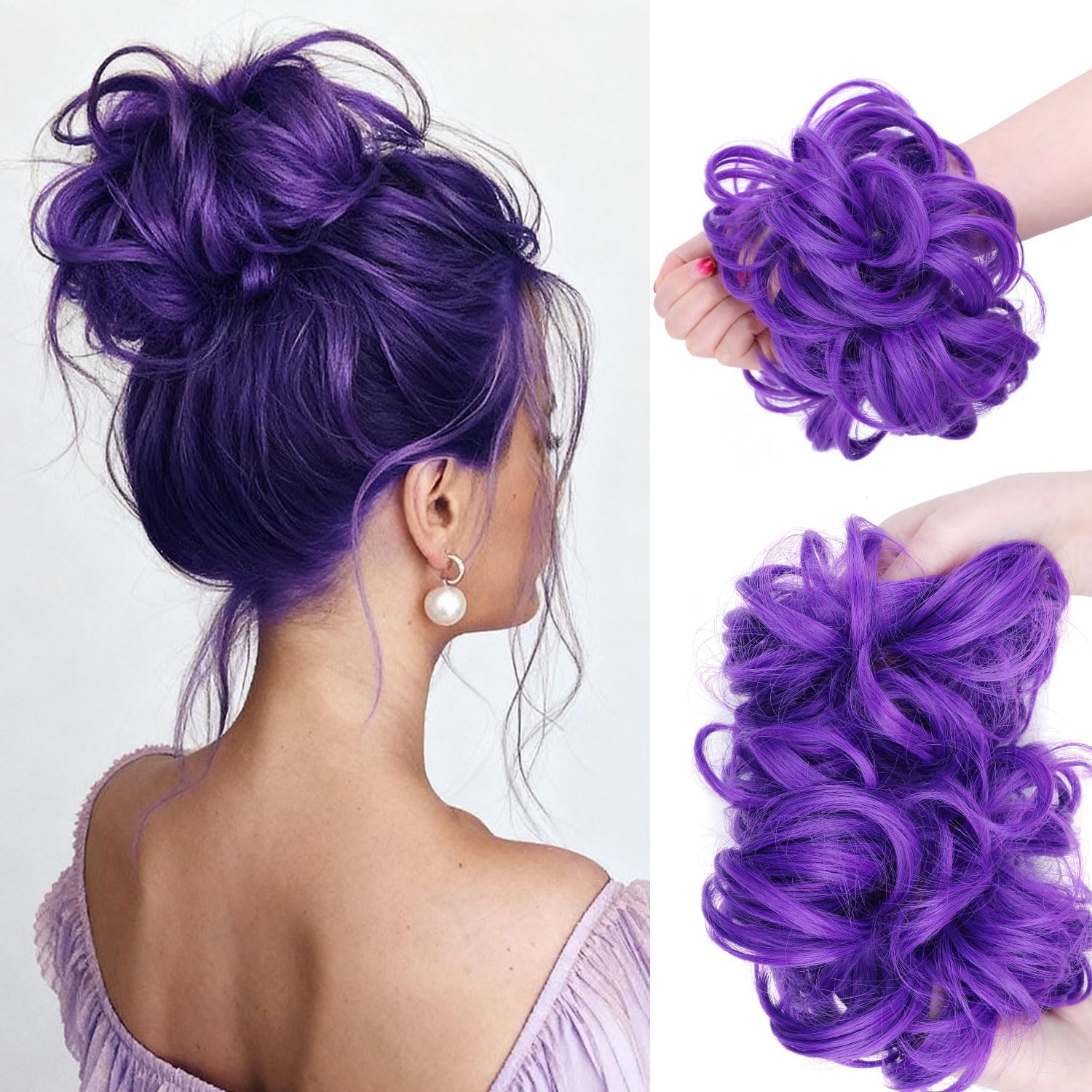Photo 1 of 1 Piece Hair Bun Hair Piece Scrunchies Thick Up-do Synthetic Wig With Elastic Rubber Band Messy Bun Curly Wavy Donut Ponytail Hair Extension Hair Accessories For Women Girls (Purple, F120-T2411PR04)
