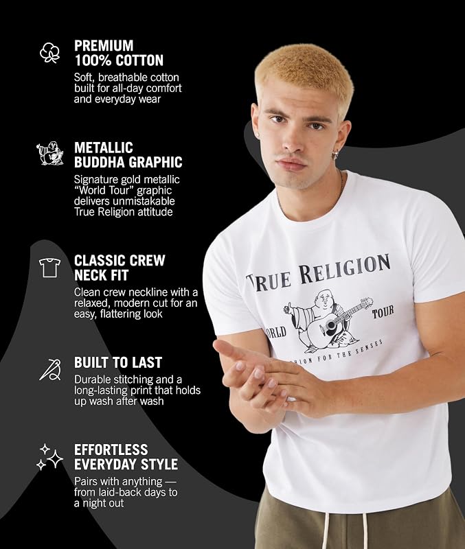 T-Shirt à Manches Courtes Bouddha métallique pour Homme, Blanc/Noir, L