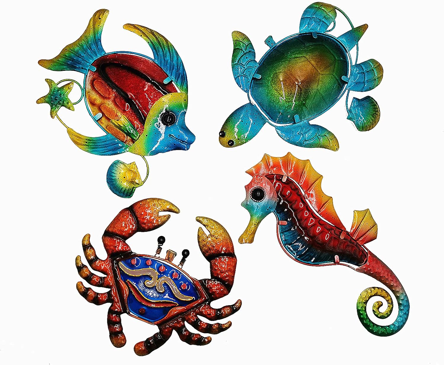 Plaques & Wall Art - Metal Ocean Wall Sculptures, Set of 4 Colorful Metal Sea Turtle Fish Crab and Seahorse Outdoor Wall Decor, Metal Wall Decor Outdoor Wall Art For Patio Pool Bathroom Yard Farmhouse Fence Deck.