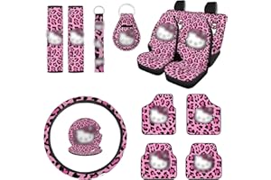 Lyukrsg 15 Pcs Cartoon Car Accessories Set Include Car Seat Cover Car Floor Mats Car Steering Wheel Cover Seat Belt Pads Car Coasters Keychain for Car SUV Truck