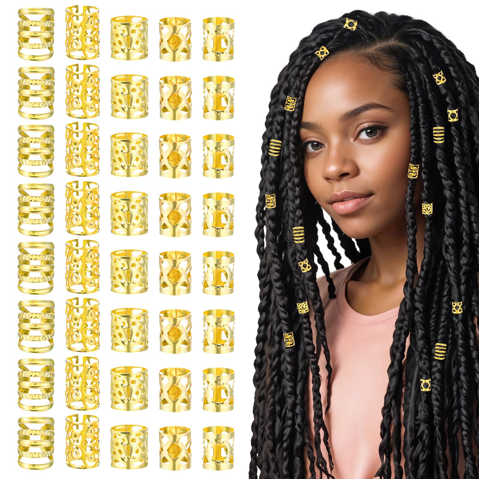 Photo 1 of 100 Pcs Gold Hair Jewelry Braid, Gold Dreadlock Beads Hair Accessories Rings Clips Dread Locks Metal Braiding Cuffs Adjustable Braiding Cuffs for Women Girls Braid Decoration