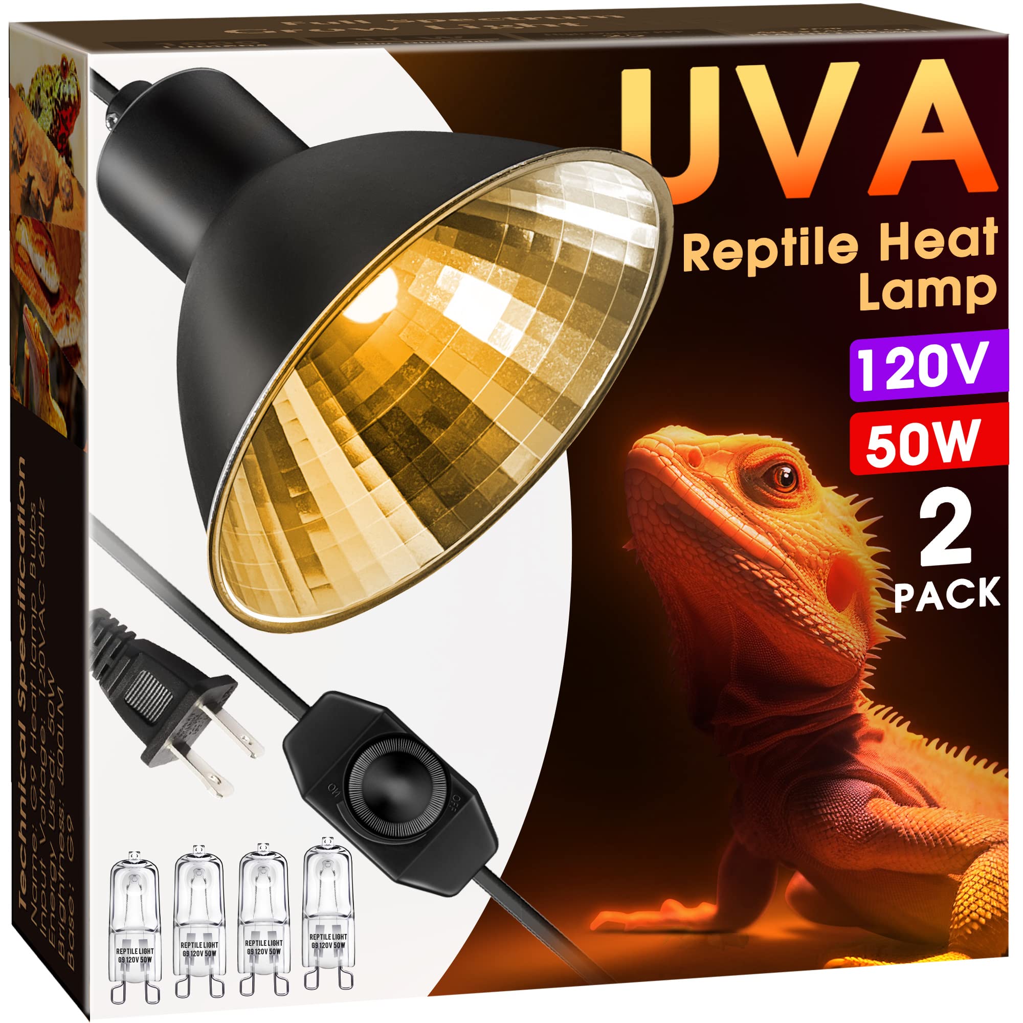 Photo 1 of ***MISSING BULBS*** Reptile Heat Lamp, Briignite UVA Basking Light for Reptiles 50W, G9 Halogen Heat Bulb & Dome Reptile Light Fixture, Aluminum Reflector, Dimmable Heat Lamp for Chicken Turtle Snake Gecko Lizard, 2 Pack