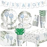 Owelleny Balloon Baby Shower Decorations, Watercolor Blue Balloon Baby Boy Party Supplies, Plate, Napkin, Cup, Tablecloth, Cutlery, Banner, Greenery Oh Boy Baby Shower Table Decorations, Serves 24