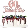 1 PCS 60 & Fabulous Cake Topper Glitter Sixty and Fabulous Cake Toppers Happy 60th Birthday Cake Pick for 60th Wedding Anniversary Birthday Party Cake Decorations Supplies Rose Gold