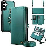 MEGSHI for Wallet Case Compatible with Samsumg Galaxy S25 Plus Multi-Function Detachable 2 in 1 Magnetic Phone Case Wallet,Flip Strap Zipper Card Holder Phone Case with Shoulder Straps (Green)