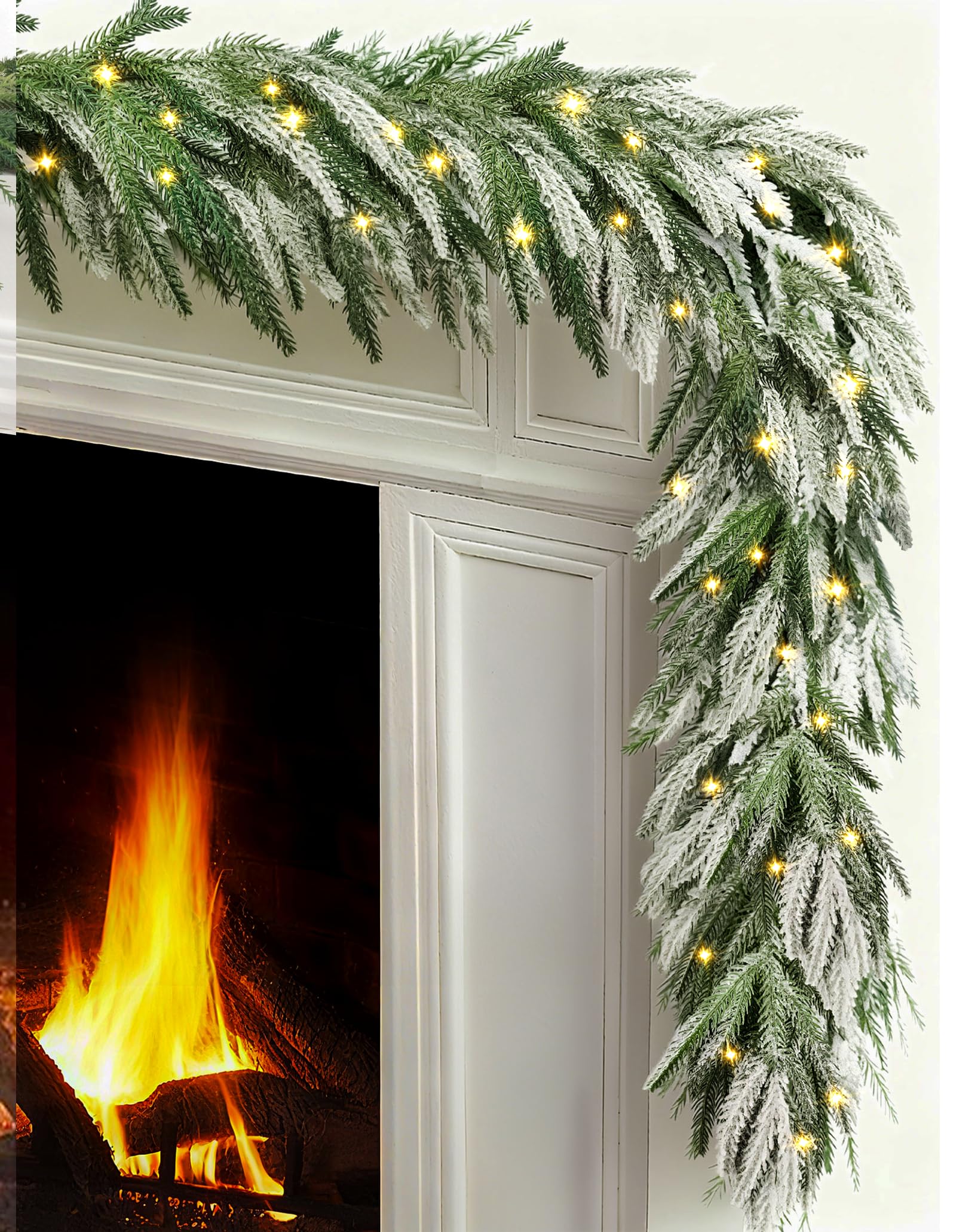 Photo 1 of JOJOLEE 6FT 2PCS Snowed Norfolk Pine Christmas Garland, PreLit Artificial Garland with LED Timer Lights & 8 Modes, Battery Operated Dual-Tone Greenery for Fireplace Mantel, Stair, Indoor Outdoor Decor