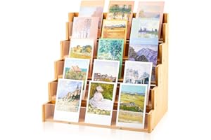 Yuntau 5 Tier Greeting Card Display Stand Wood Color Bamboo and Acrylic Sticker Display Stand Trading Card Holder Retail Photos Shelf for Vendors Craft Collection & Show