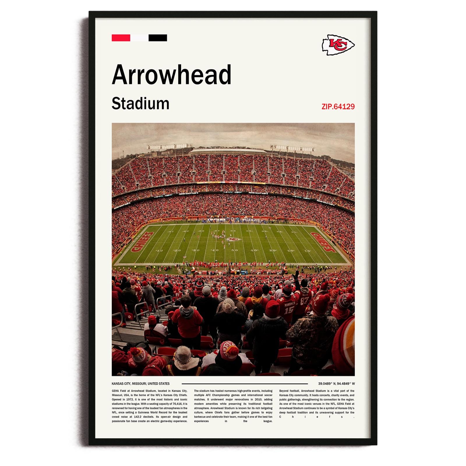 Photo 1 of (Unframed 11"x17") ArrowheadStadium Canvas Print – Kansas City Home Field Wall Art for Chiefs Fans, Sports poster for Game Room or Man Cave Decor