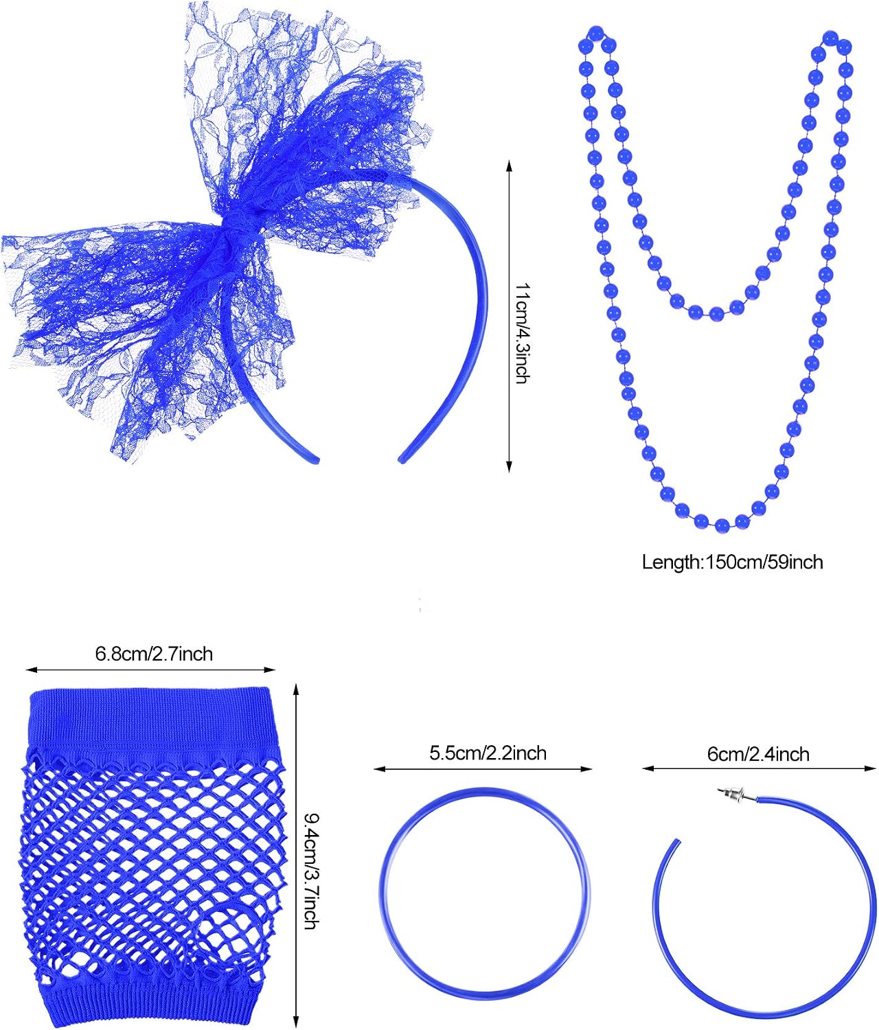 Blulu 80s Fancy Dress Costume Accessories Lace Headband Earrings Fishnet Gloves Necklace Bracelet for Women 80's Party(Royal Blue) - Image 3