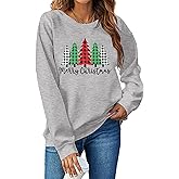 Merry and Bright Sweatshirts Women Funny Leopard Printed Plaid Christmas Trees Long Sleeve Shirt Xmas Graphic Pullover Tops