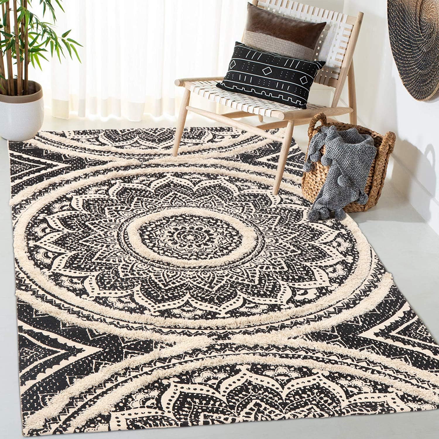 Photo 1 of LEEVAN Boho Mandala Area Rug 3' x 5' - Tufted Hand Woven Washable Black Cream Chic Bohemian Indoor Floor Mat for Living Room, Farmhouse Kitchen, Bedroom, Laundry Room, Children Playroom