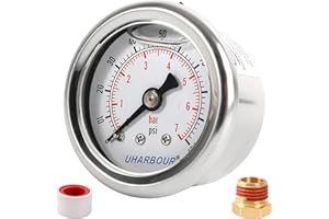 UHARBOUR Liquid Filled Fuel Pressure Gauge with 1-1/2" Dial and 304 Stainless Steel case, 0-100Psi/Bar, 2% Accuracy, 1/8" NPT Center Back Mount, with 1/8"NPT to 1/4"NPT Trhead Adaptor.
