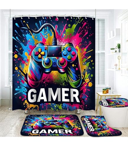 Likiyol Schwarzlicht-Duschvorhang-Set, 4-teilig – UV-reaktiv Mit Teppichen Für Gaming-Badezimmer