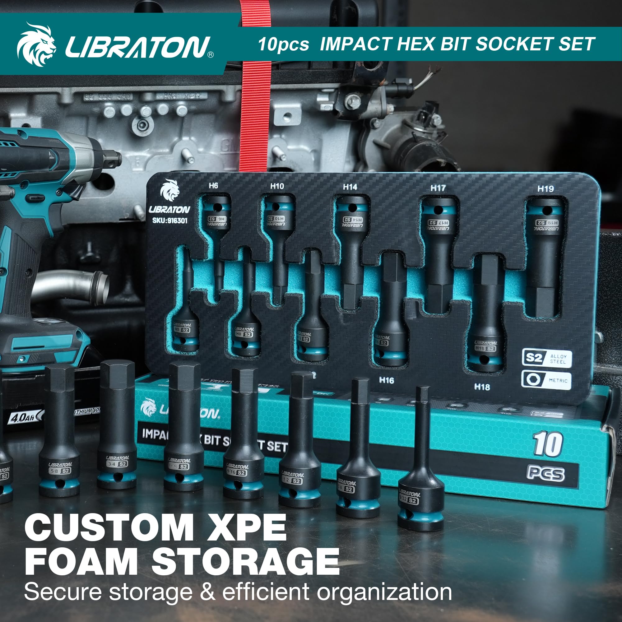 LIBRATON Schlag Hex Bit Steckschlüssel Set, 1/2” Kraft, S2-Stahl, 10-tlg Schlag-Sechskant-Bit-Steckschlüsselsatz H5-H19, Hex-Steckschlüssel, XPE-Aufbewahrung, Autoreparatur 6
