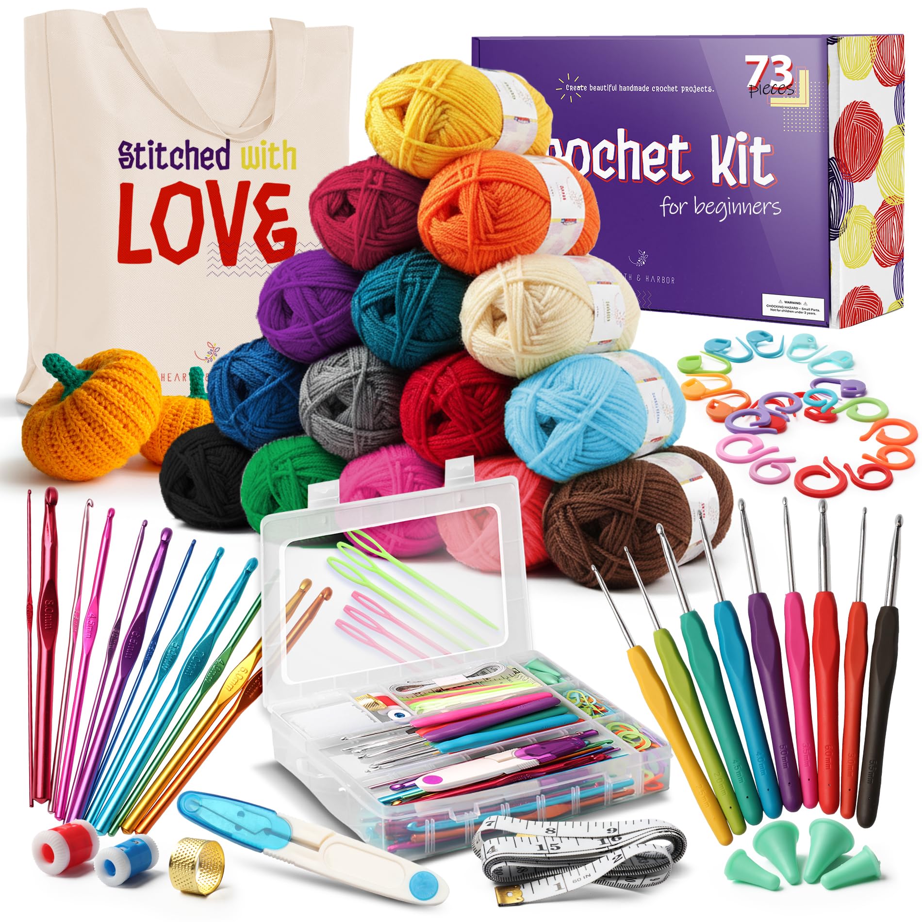 Crochet Kit for Beginners Adults and Kids, 73 Piece Knitting & Crochet Supplies Includes 1500 Yards Assorted Yarn, 21 Ergonomic Hooks, Plus Many Accessories – Beginner Crochet Kits Ideal for Amigurumi Image