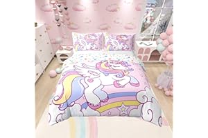 CASTLE FAIRY 100% Nature Cotton Girly Pink Unicorn Duvet Cover Queen for Teens Youth,Dreamy Cartoon Horse Stars Moon Comforter Cover (Not Comforter),Watercolor Rainbow Pink Print All Season Super Soft Bedding
