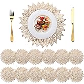 Peohud 12 Pack Gold Placemats, 15 Inch Round Pressed Vinyl Placemats for Dining Table, Washable Non-Slip Metallic Table Place