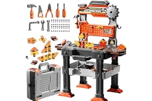 DULONIME 2 in 1 Workbench Tools Toys Set with Sound for Toddlers Aged 3-5, 145 PCS Educational Construction Mechanic Toolbox for Boys Girls, Pretend Play Toys Birthday Gift for Kids 3 4 5 6 Years Old