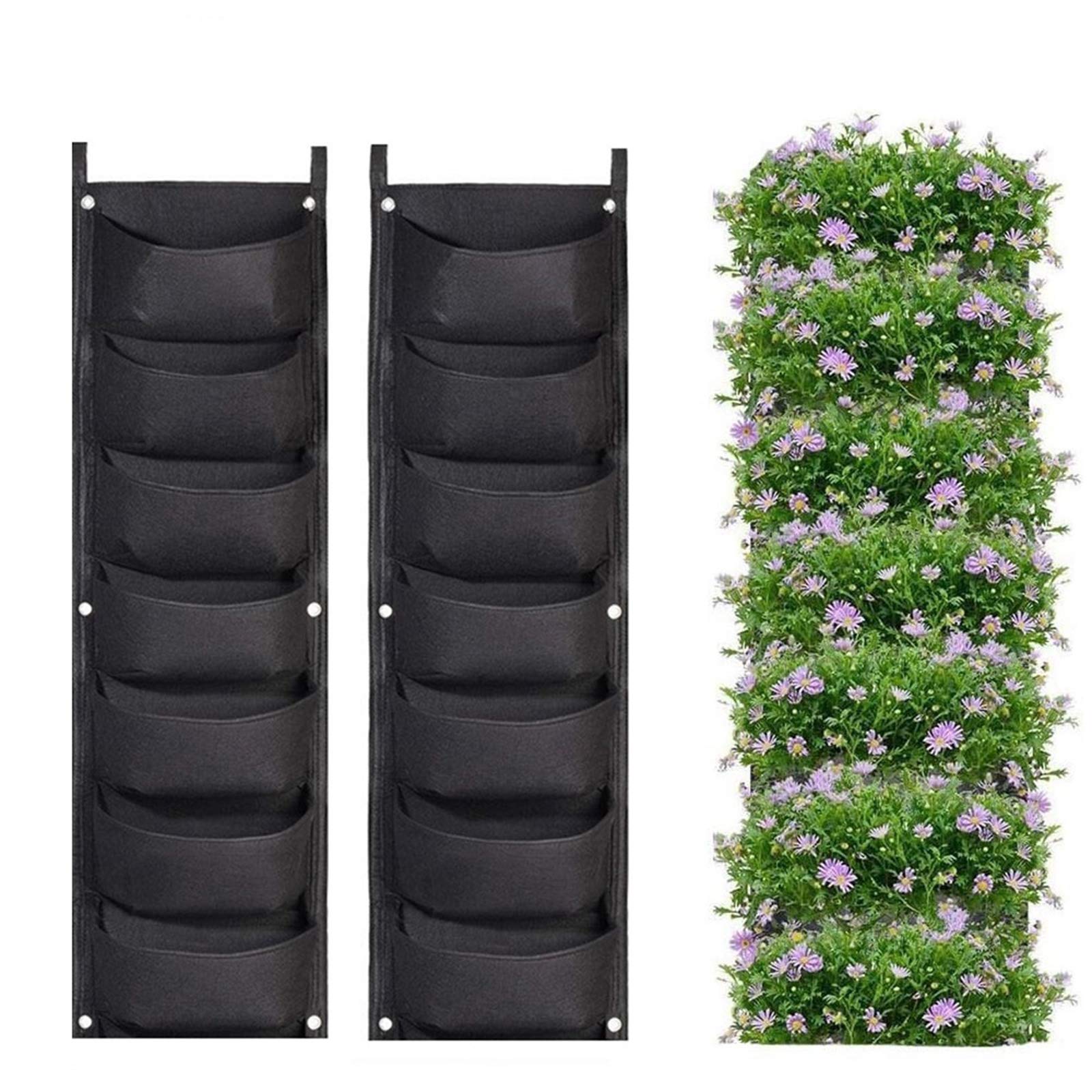 LITLANDSTAR Hanging Planter Bags, 2 Pack 7 Pocket Hanging Vertical Wall Planter Planting Grow Bags Outdoor Indoor Gardening Vertical Greening Flower Container (Black)