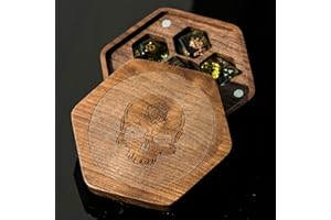 UDIXI Wooden Dice Box Skull Pattern, Walnut Dice Case with Magnetic Lid for Storage 7-Die Polyhedral Dice Set, Easy Carring, DND Gift (Hexagon)