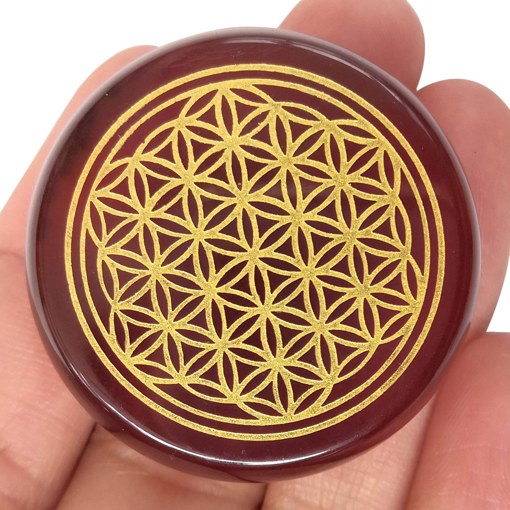 Lovionus89 Natural Red Agate Flower of Life Engraved Healing Crystal Chakra Balancing and Positive Energy Generator Palm Pocket Stone