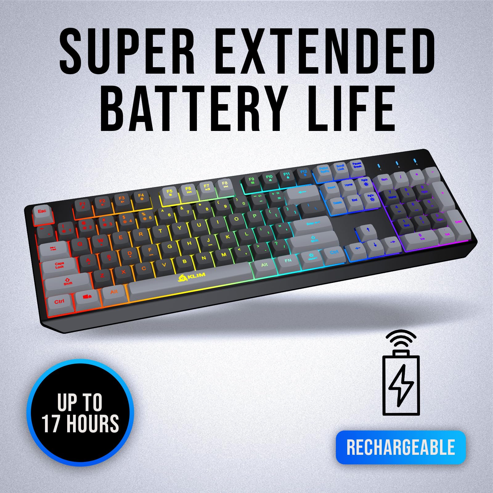 KLIM Chroma Wireless Keyboard – RGB Backlit Gaming, Rechargeable Battery, PC Keyboard, Durable & Water-Resistant, Compatible with PS4, PS5 & Mac - Black