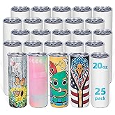 UIRZOTN 25 Pack 20oz Sublimation Tumbler Blanks Skinny Straight in Bulk, Stainless Steel Insulated Sublimation Tumbler with Polymer Coating for Heat Transfer, with Lid, Straw, Ribbon, Gift Box