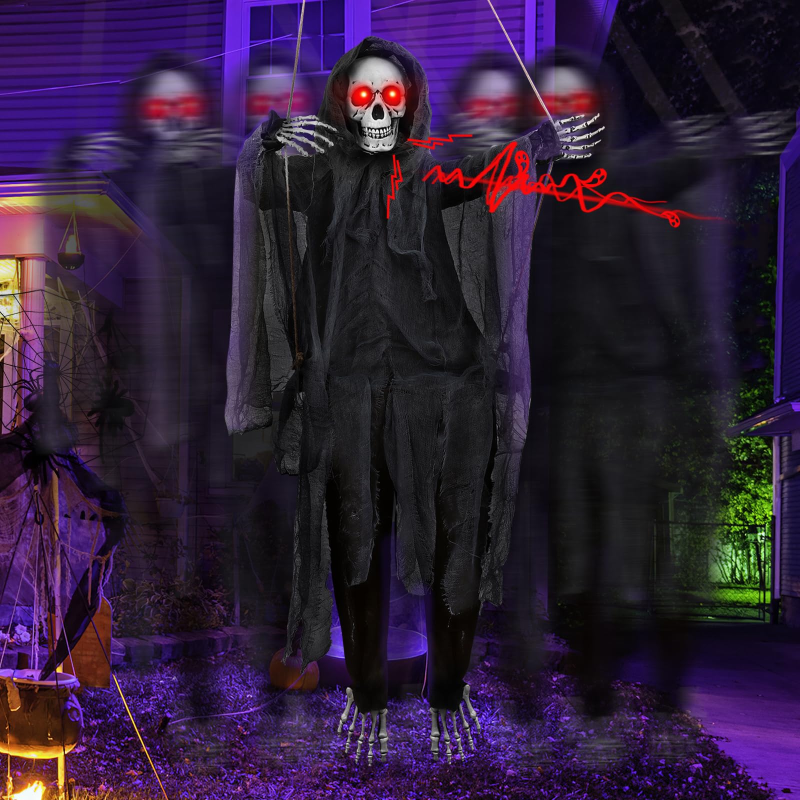 Photo 1 of 4.58 Ft Scary Halloween Decorations Outdoor, Sound & Slap Activated Hanging Swing Skeleton with Creepy Sound and Light Up Eyes, Spooky Grim Reaper Hanging Ghost for Halloween Party Prop Decor