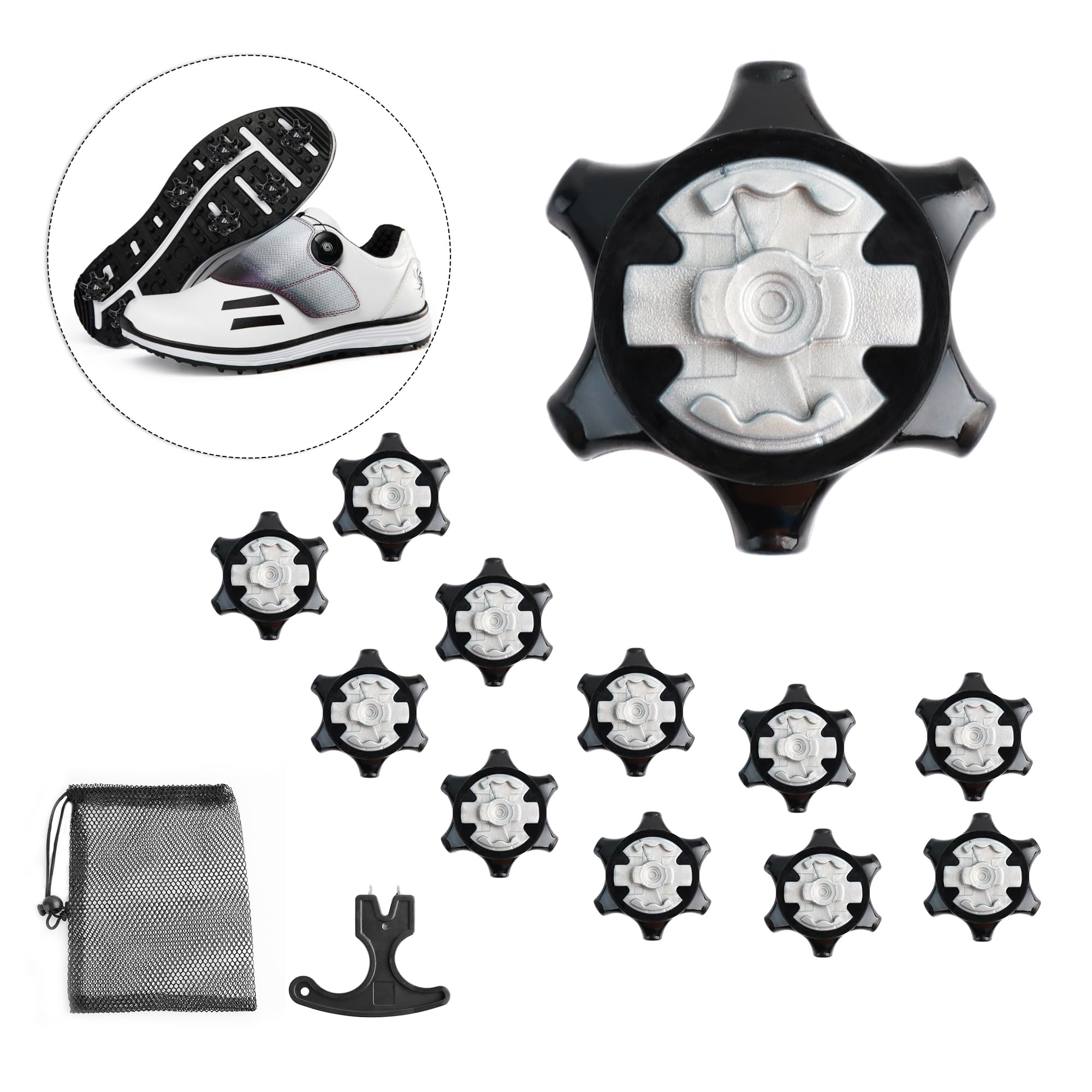 12 Universal Golf Spikes Set Non-Slip with Wrench, Black Cleats Golf Shoe Cleats Tooth Spikes, Replacement Bulk Cleats Golf Spikes to Provide Traction, Stability and Comfort