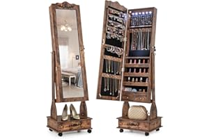 CHARMAID Rolling Jewelry Armoire with Full Length Mirror, Lockable Stand up Jewelry Cabinet with Lights and Wheels, Standing Jewelry Organizer with Drawers, Mirror with Jewelry Storage (Rustic Brown)