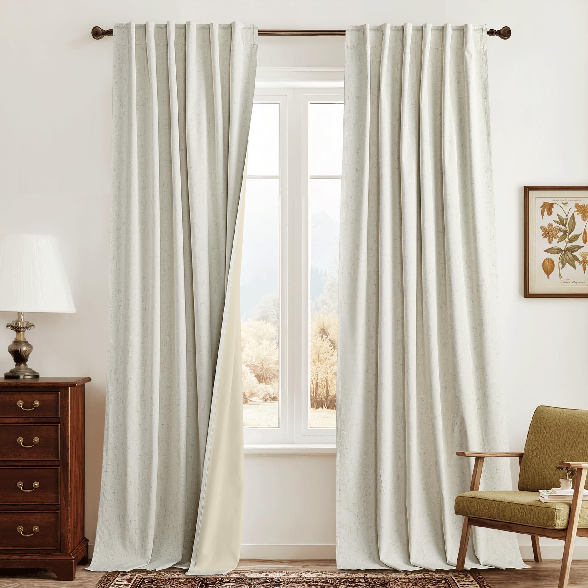 RYB HOME Cream White Linen Blackout Curtains, 100% Blackout Thermal Insulated Boho Farmhouse Window Curtain Panels for Living Room, Back Tab & Rod Pocket, 52" W x 90" L, 2 Panels Set Image