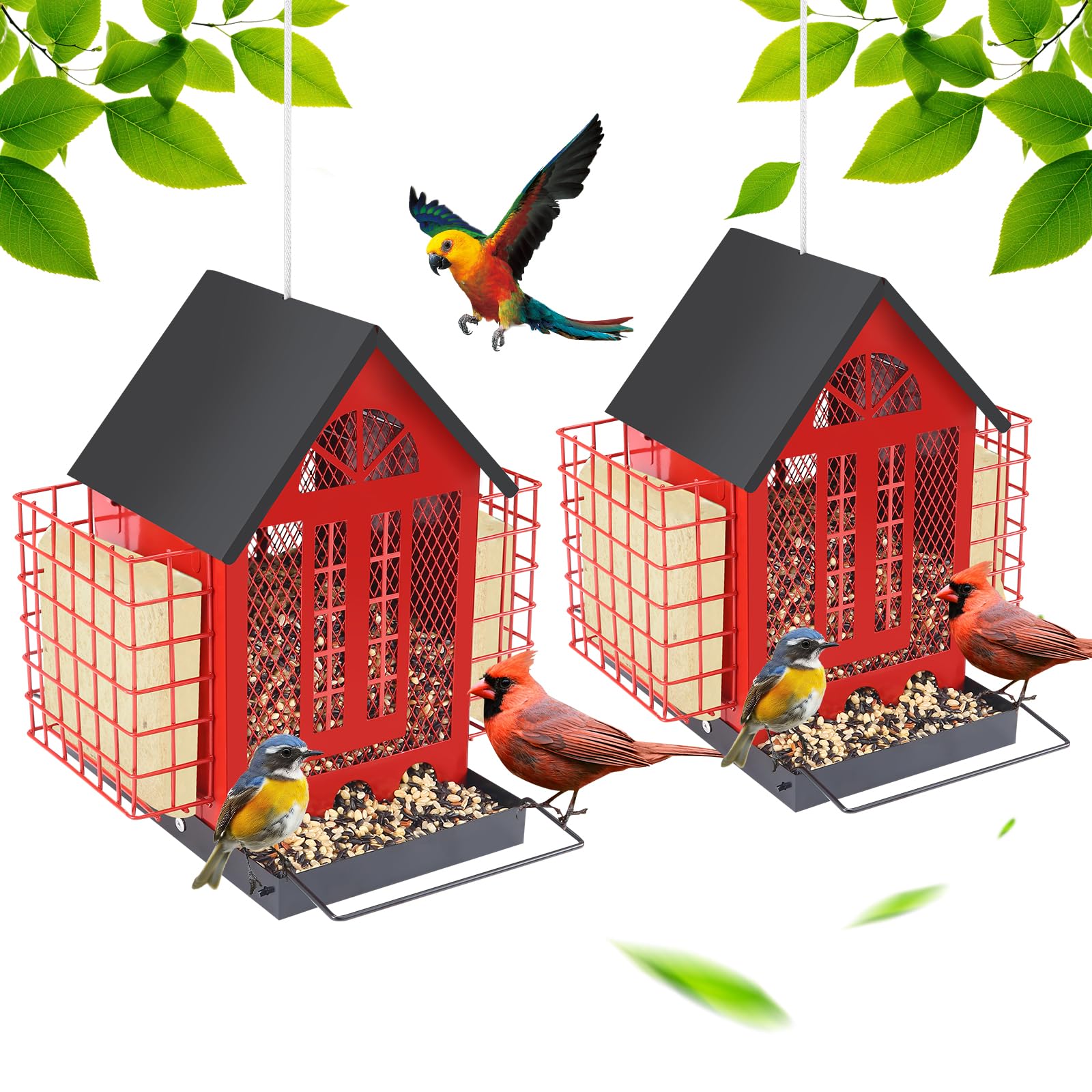 Photo 1 of 2Pack Bird Feeders for Outdoors Hanging Metal Feeder with Double Suet Cage Cake Large Capacity Metal Wild Bird Feeders for Yard, Garden, Ideal Gift for Bird Lovers?Red?