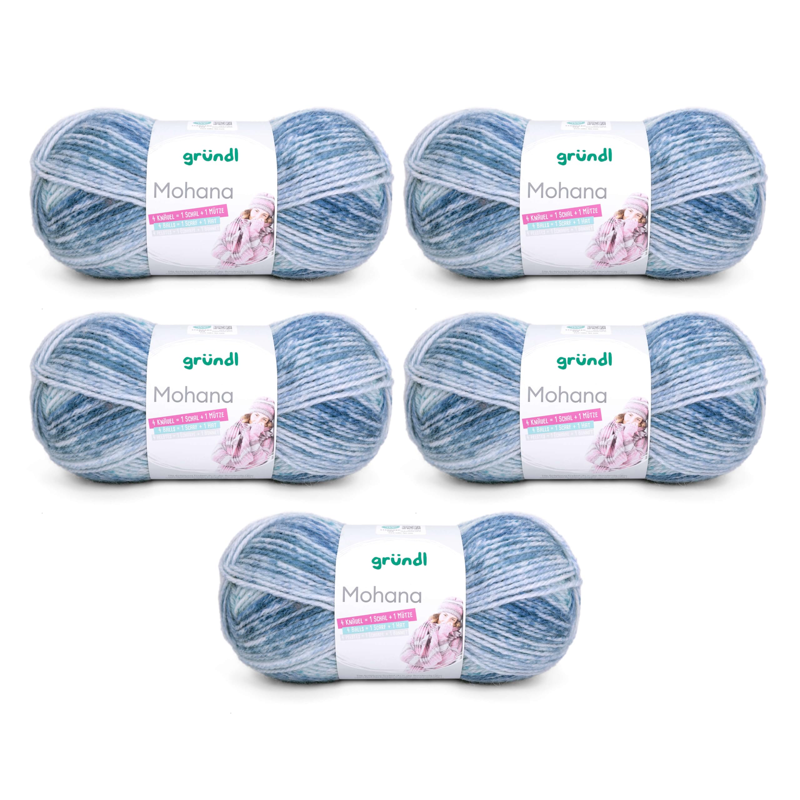 Gründl Mohanna Knitting and Crochet Yarn 90% Polyacrylic 10% Mohair 5 x 100 g Thick Wool Light Blue/Turquoise/Dark Blue