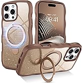 BENTOBEN for iPhone 16 Pro Max Case with Stand, Clear Crystal Glitter Cute Curly Wavy 16 ProMax Phone Case Compatible with MagSafe, Magnetic Ring Kickstand Shockproof Anti-Slip Cover, Desert Titanium