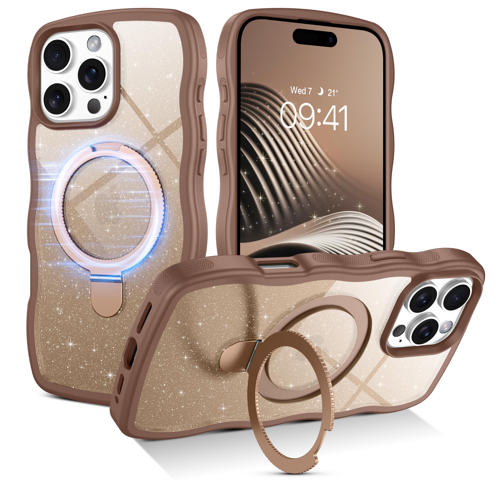 BENTOBEN for iPhone 16 Pro Max Case with Stand, Clear Crystal Glitter Cute Curly Wavy 16 ProMax Phone Case Compatible with MagSafe, Magnetic Ring Kickstand Shockproof Anti-Slip Cover, Desert Titanium