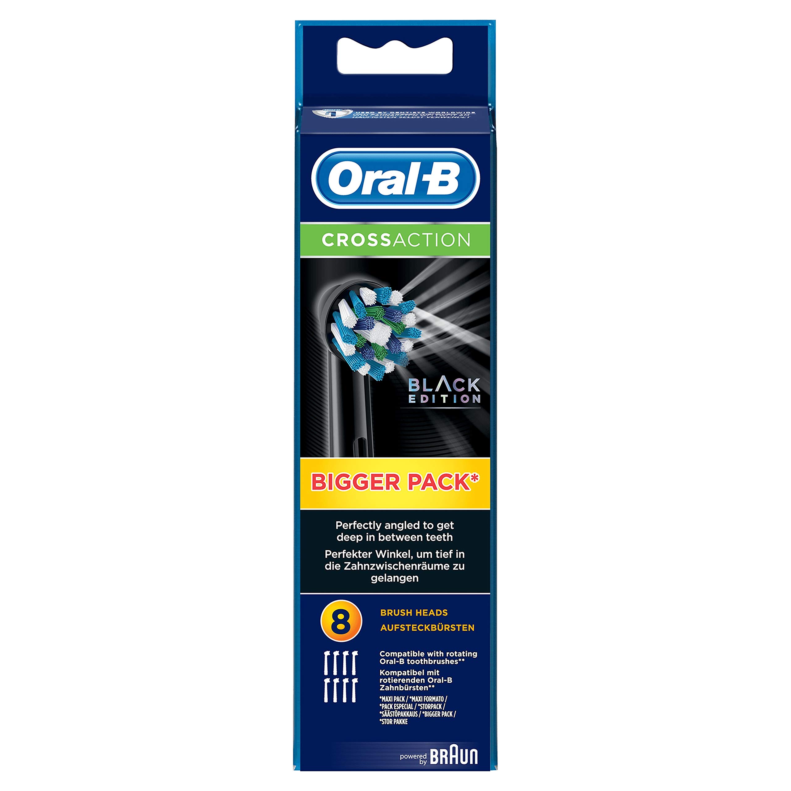 Oral-B Genuine CrossAction Replacement Black Toothbrush Heads, Refills for Electric Toothbrush, Angled Bristles for up to 100 Percent More Plaque Removal, Pack of 8
