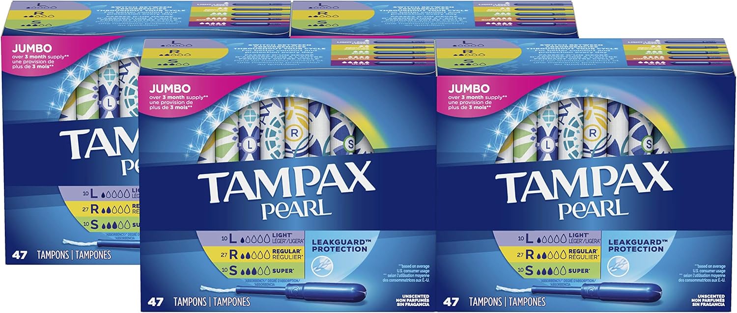Tampax Pearl Plastic Tampons, Light/Regular/Super Absorbency Multipack, 188 Count, Unscented (47 Count, Pack of 4 - 188 Count Total) - Packaging May Vary: Health & Personal Care