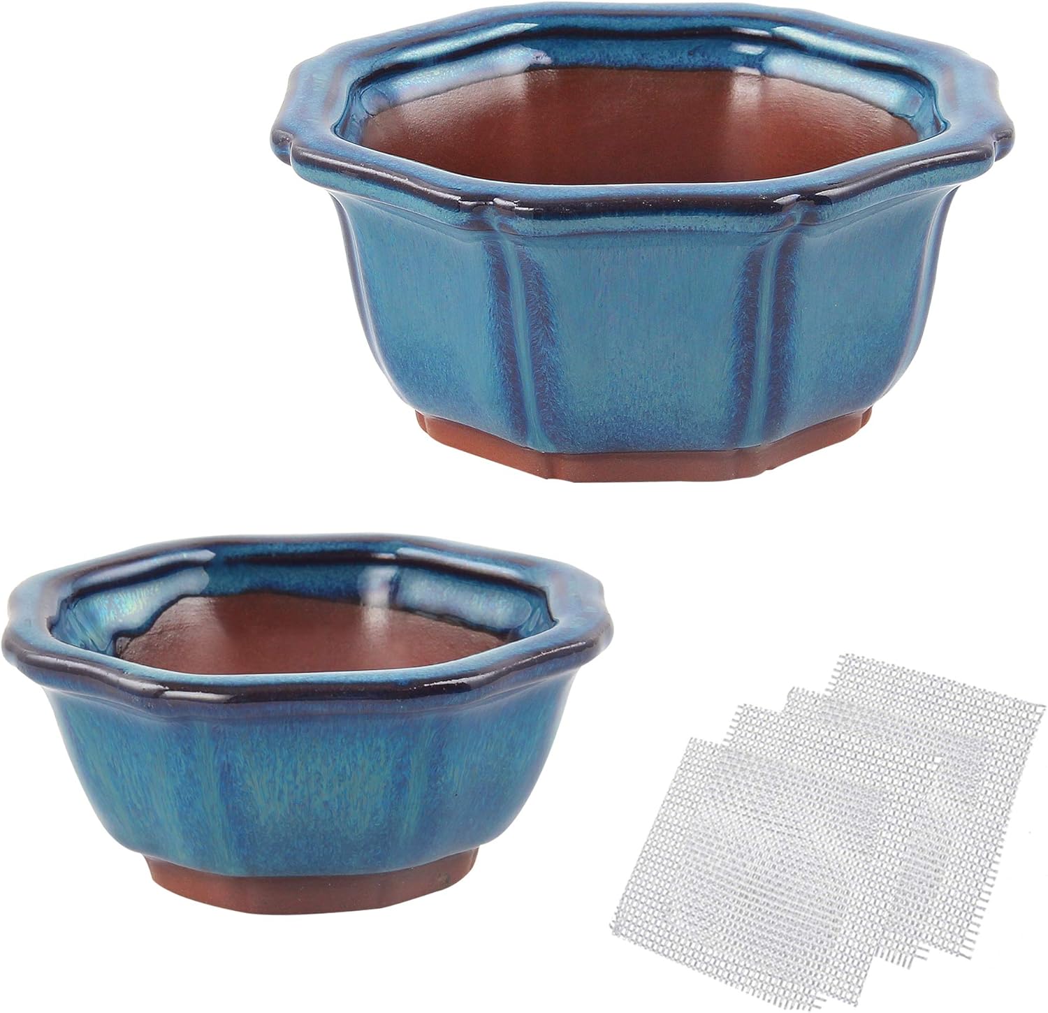 happy bonsai 5" Small Glazed Pots, Value Set of 2 + 4 Soft Mesh Drainage Screens, Blue