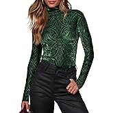 OMSJ Womens Velvet Burnout Tops Slim Fit Turtleneck Top Long Sleeve Semi See Through Elegant Shirts