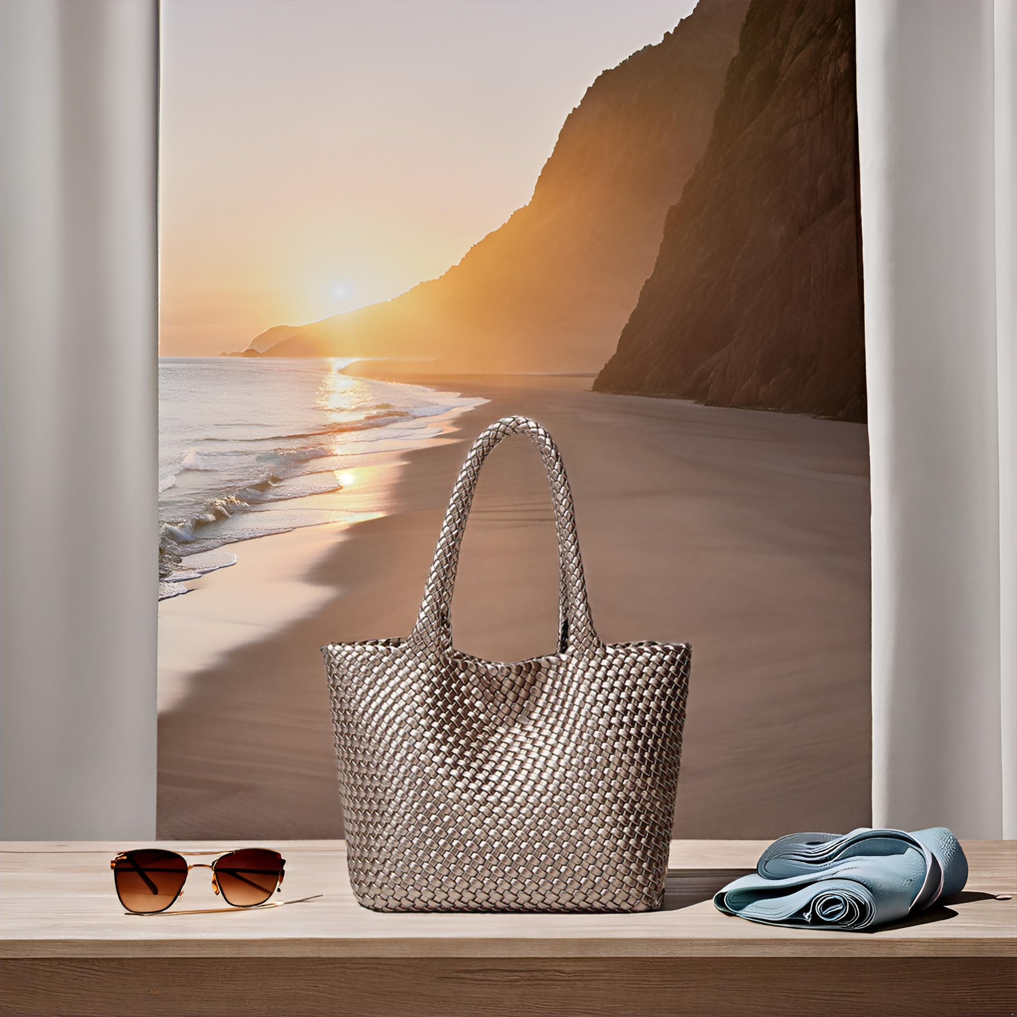 BOYATU Woven Tote Bag Womens Purse: Vegan Leather Shoulder Handbags - Fashion Summer Beach Tote Bags - Large Travel Totes