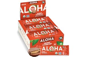 ALOHA Organic Plant Based Protein Bars - Peanut Butter Cup Bar - 12 Bars, Vegan, Low Sugar, Gluten-Free, Low Carb, Non-GMO, No Stevia, No Erythritol