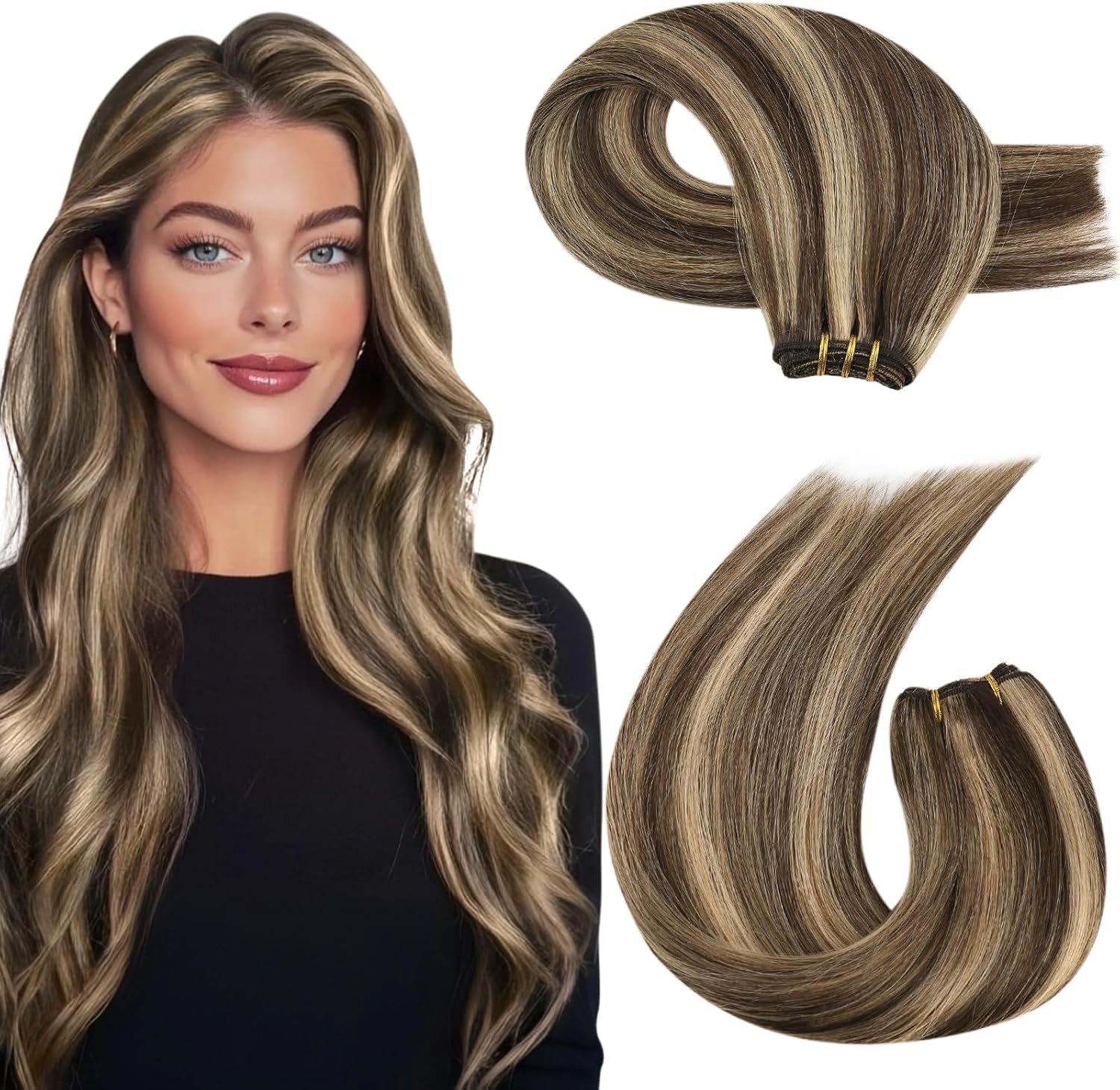 Moresoo Weft Hair Extensions Real Human Hair Sew in Extensions Dark Brown with Caramel Blonde Double Weft Human Hair Extensions 20 Inch 100g/Pack #P4/27 — image 1