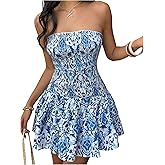 Floerns Women's Summer Vacation Boho Floral Mini Dress Strapless Tube Layered Ruffle Flared Hem Beach A Line Dresses