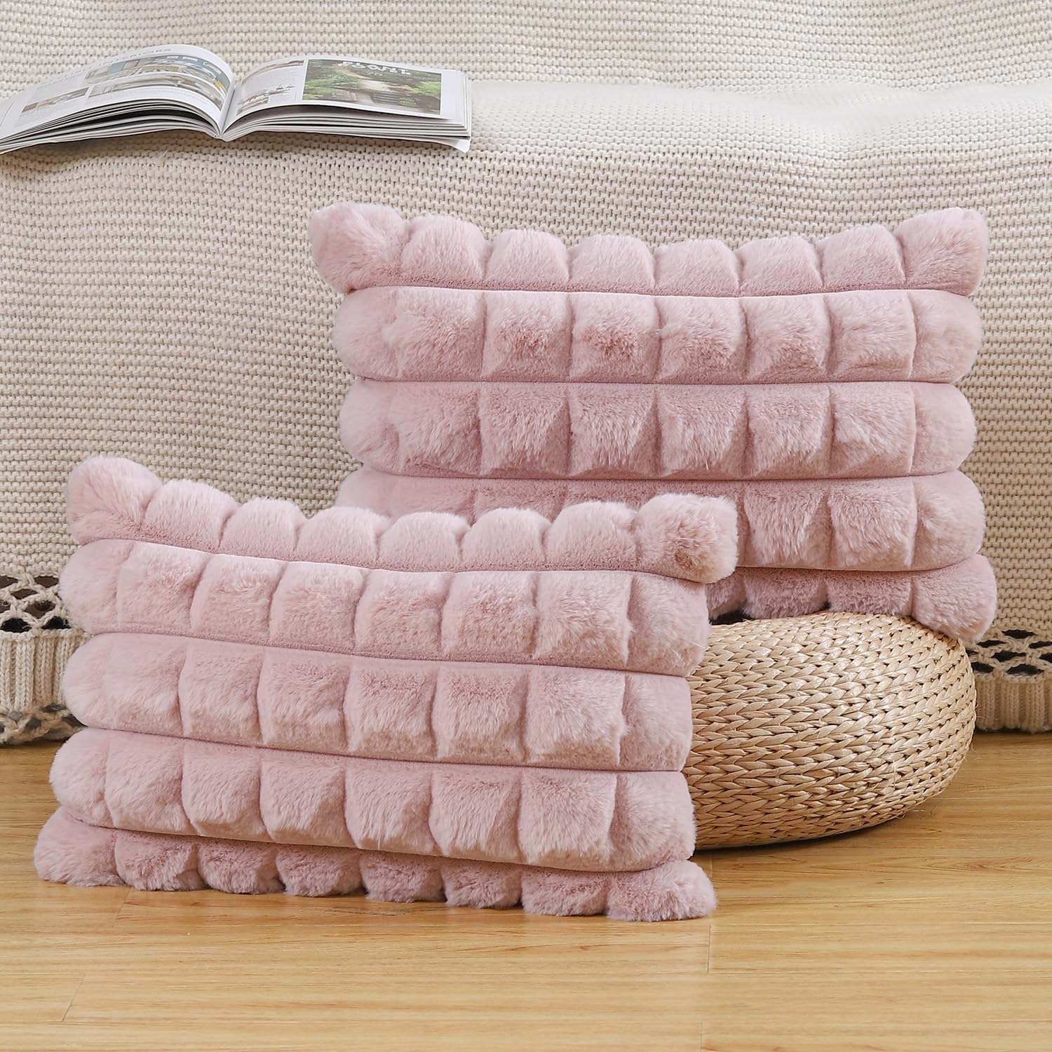 Madizz Faux Wool Pink Cushion Covers 12x20 Inch, 30x50 cm, Set of 2 Super Soft Boho Throw Pillow Covers Decorative Textured Throw Pillows for Sofa Bedroom