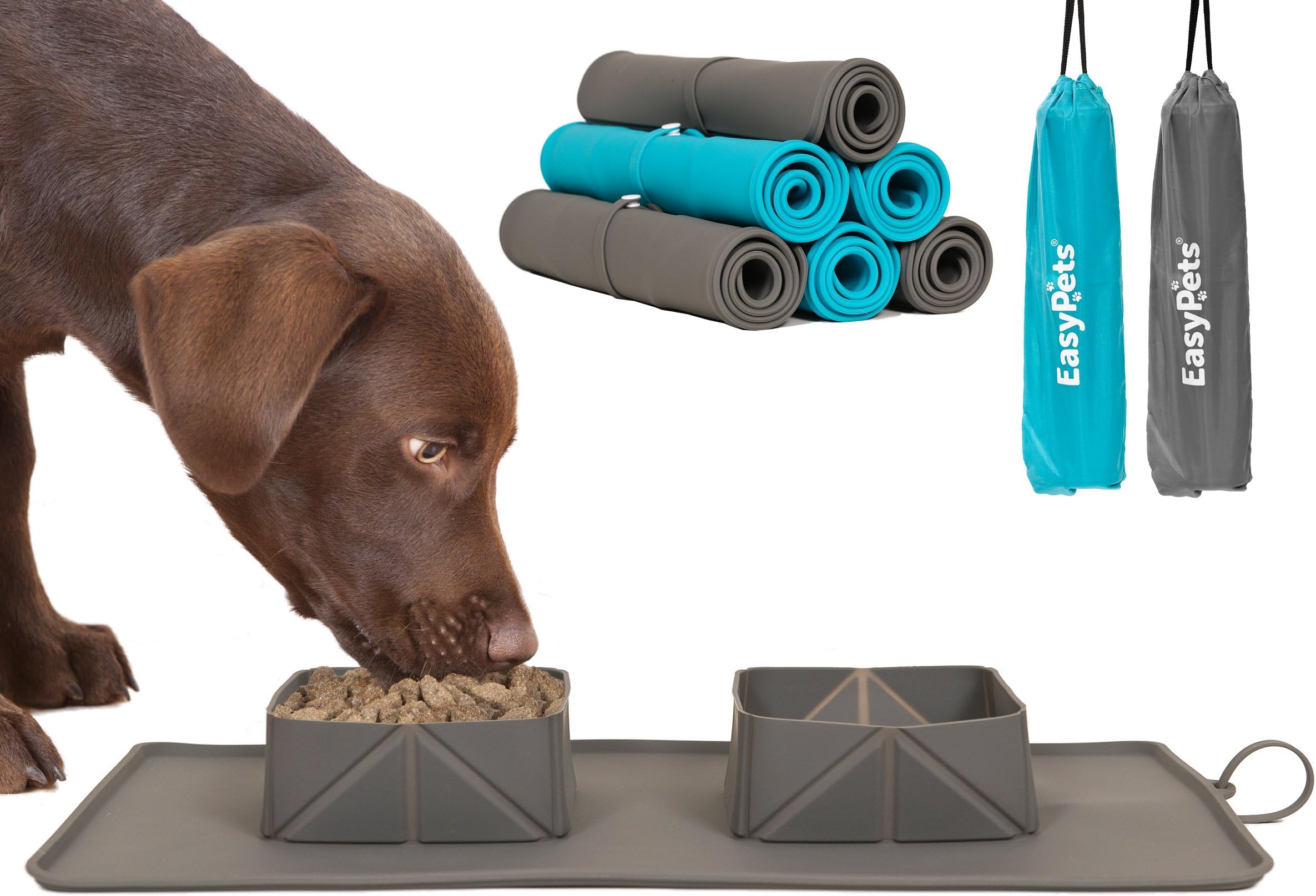 EasyPets 'RollaBowl' Travel Portable Roll Up Double Dog Bowls and Pet Feeding Mat for Home, Walks or Camping. For Cats and Dogs.