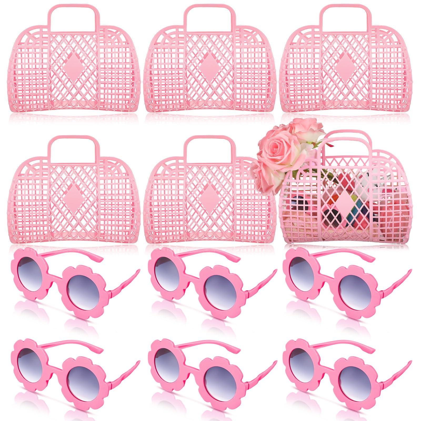 Photo 1 of Sweetude 12 Pcs Jelly Bags with Sunglasses Jelly Purse Basket Reusable Tote Beach Handbags for Women Girls Kid(Pink)