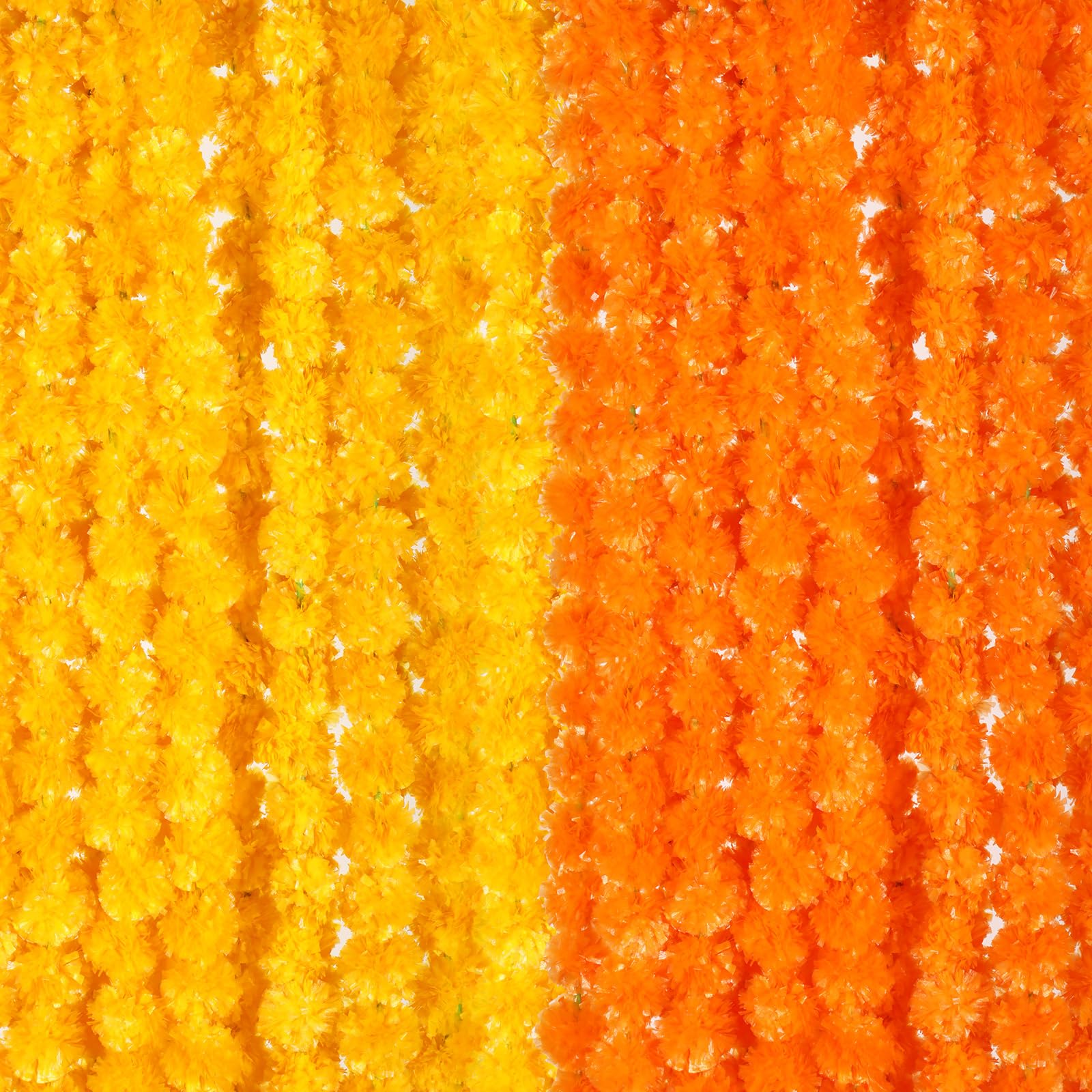 Photo 1 of Giegxin 15 Pack Marigold Garland for Decoration 5 ft Long Strands Faux Artificial Marigold Flowers for Dia De Los Muertos Diwali Indian Wedding Party Decorations(Yellow,Orange)
